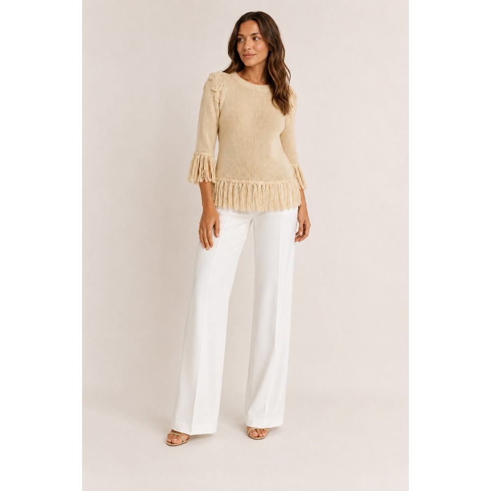 Chelsea & Violet Beige Fringe Knit Sweater Boho Western 7C12993 Small NWT